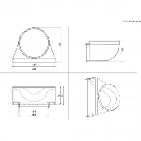 Electrolux M2CKCF03 Vertikale Verbindung von runder (D 150) zu rechteckiger Form (220x90)