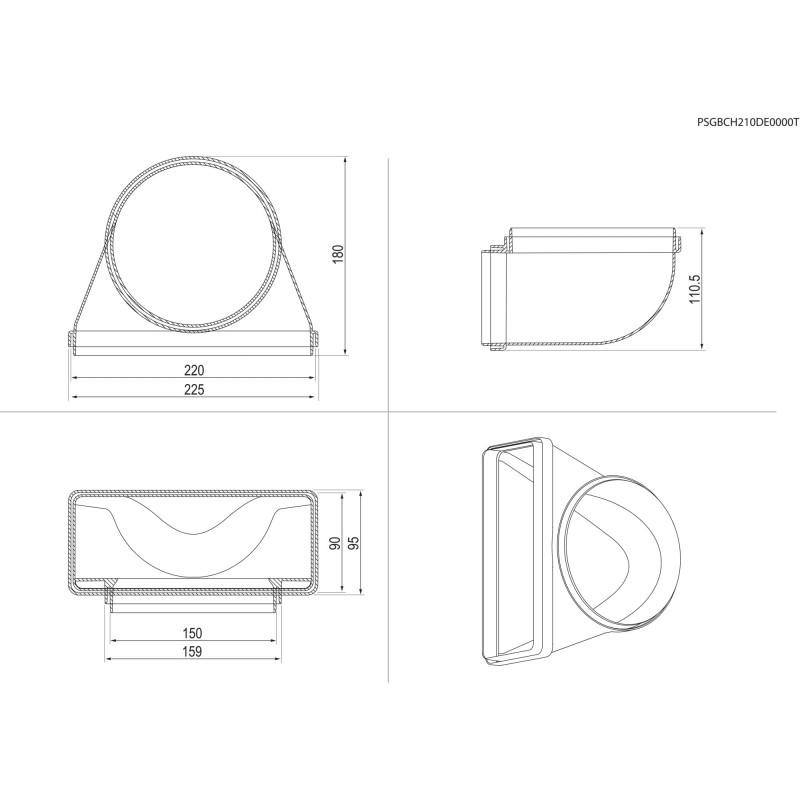 Electrolux M2CKCF03 Raccordement vertical d'une forme ronde (D 150) à une forme rectangulaire (220x90)